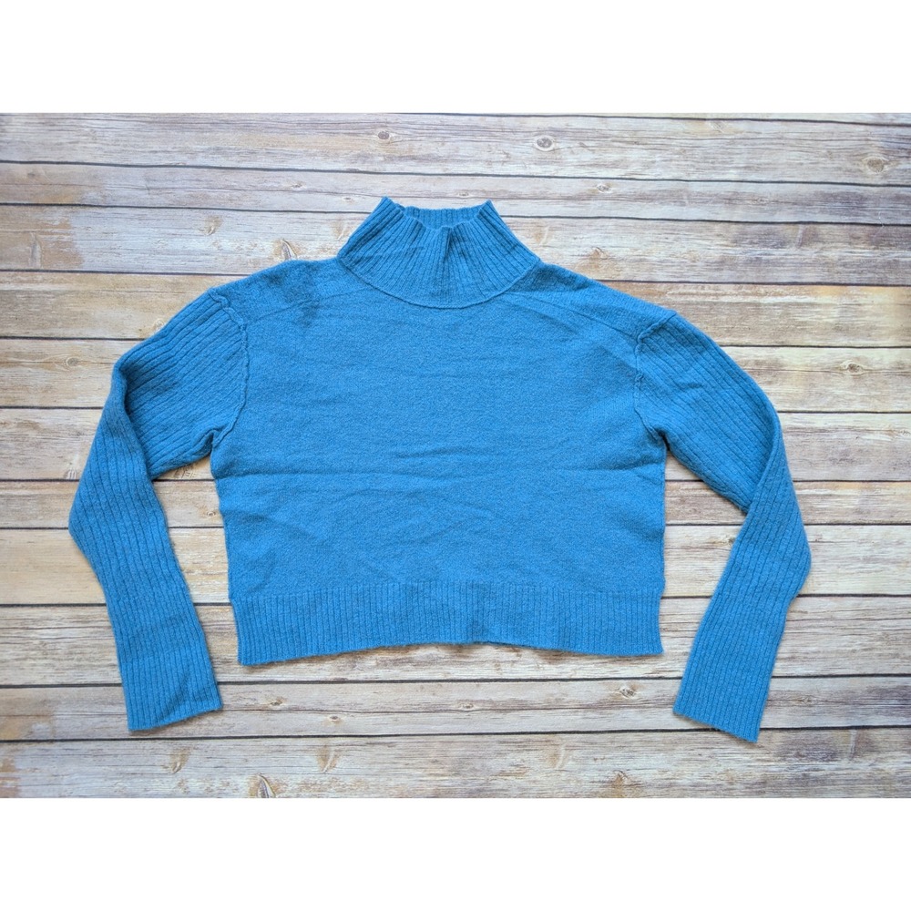 Free People Cashmere Mock Neck Sweater Womens XS Blue Cropped Ribbed Knit